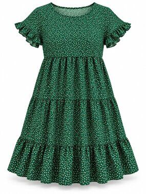 ELINGS Green Floral Tiered Midi Dress Size Medium